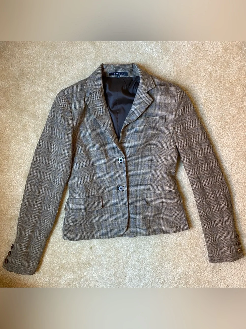 Theory Tan and Brown Preppy Glen Plaid Wool Blazer Size 4 (S) Fall Autumn School